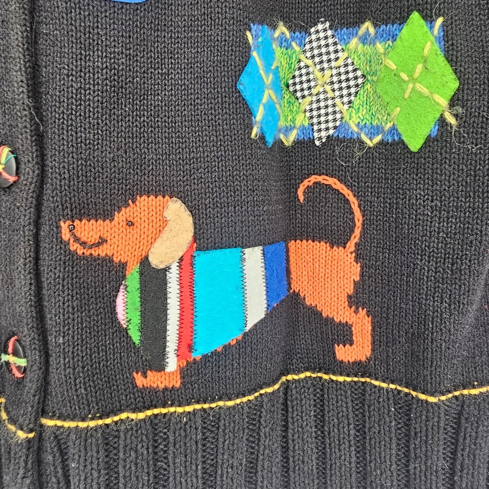 Vintage Susan Bristol Hand Embroidered Dachshund Cardigan XL Black Embellished - Picture 5 of 11